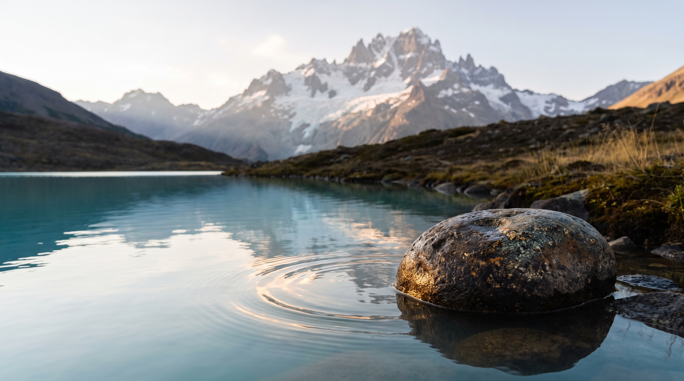 Agua, piedra y la silueta de Cerro Castillo.